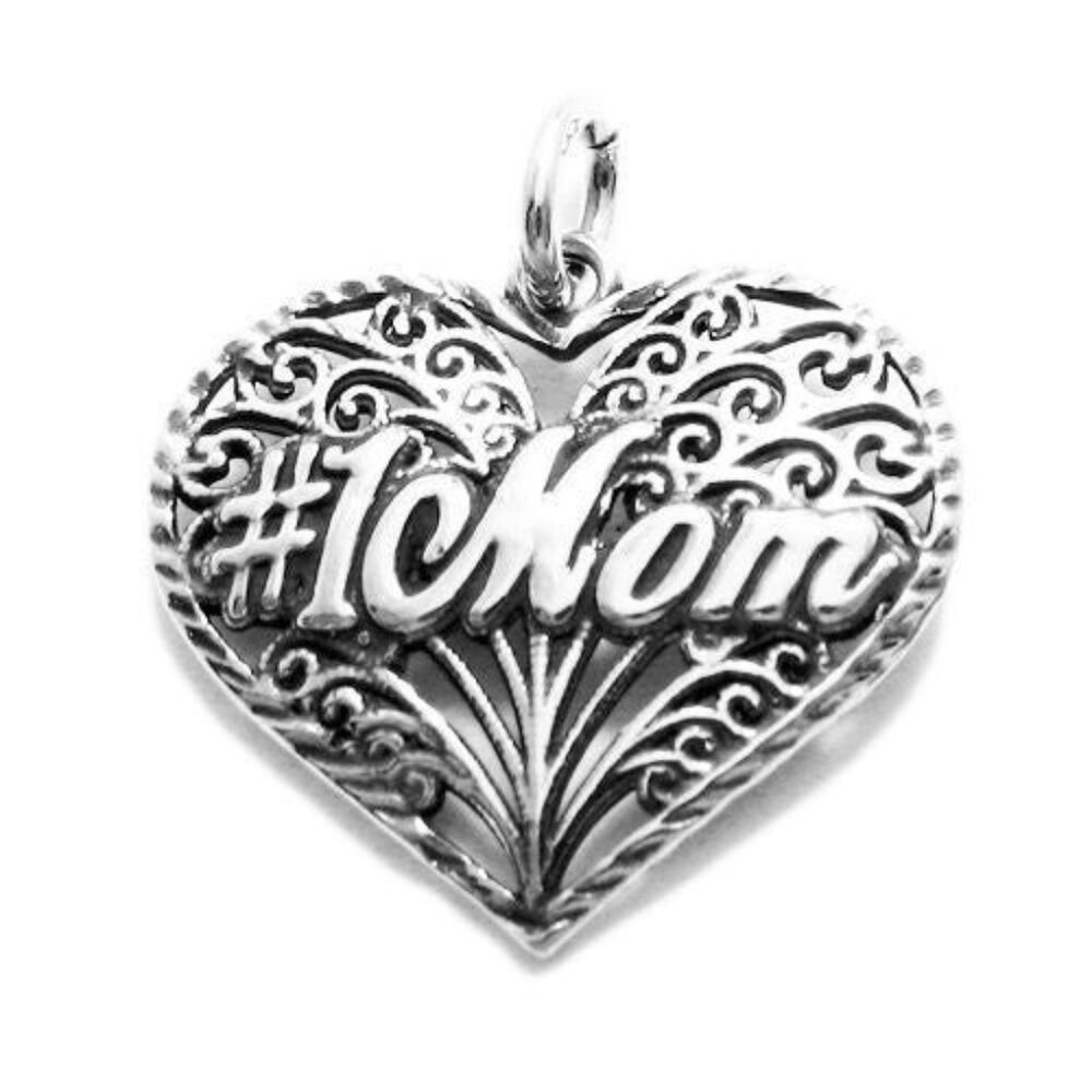 ELEGANT "#1 MOM" FILIGREED HEART CHARM IN STERLING SILVER